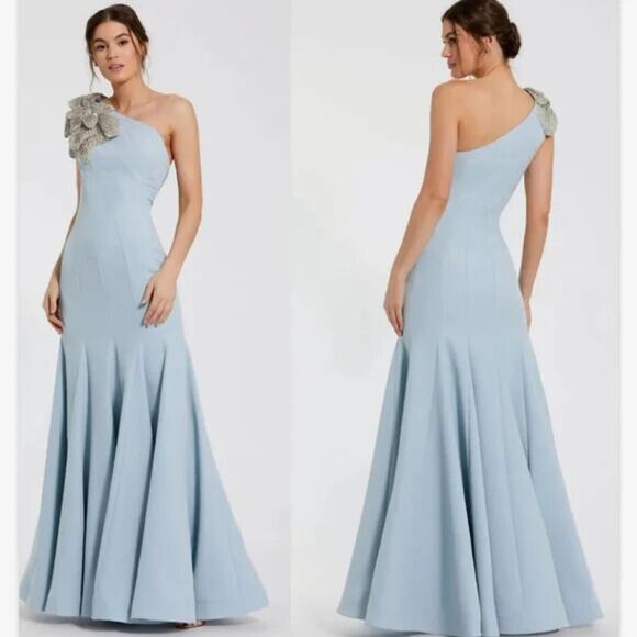 Mac Duggal Style 11851 One Shoulder Crepe Gown With Beaded Floral Accent Dress